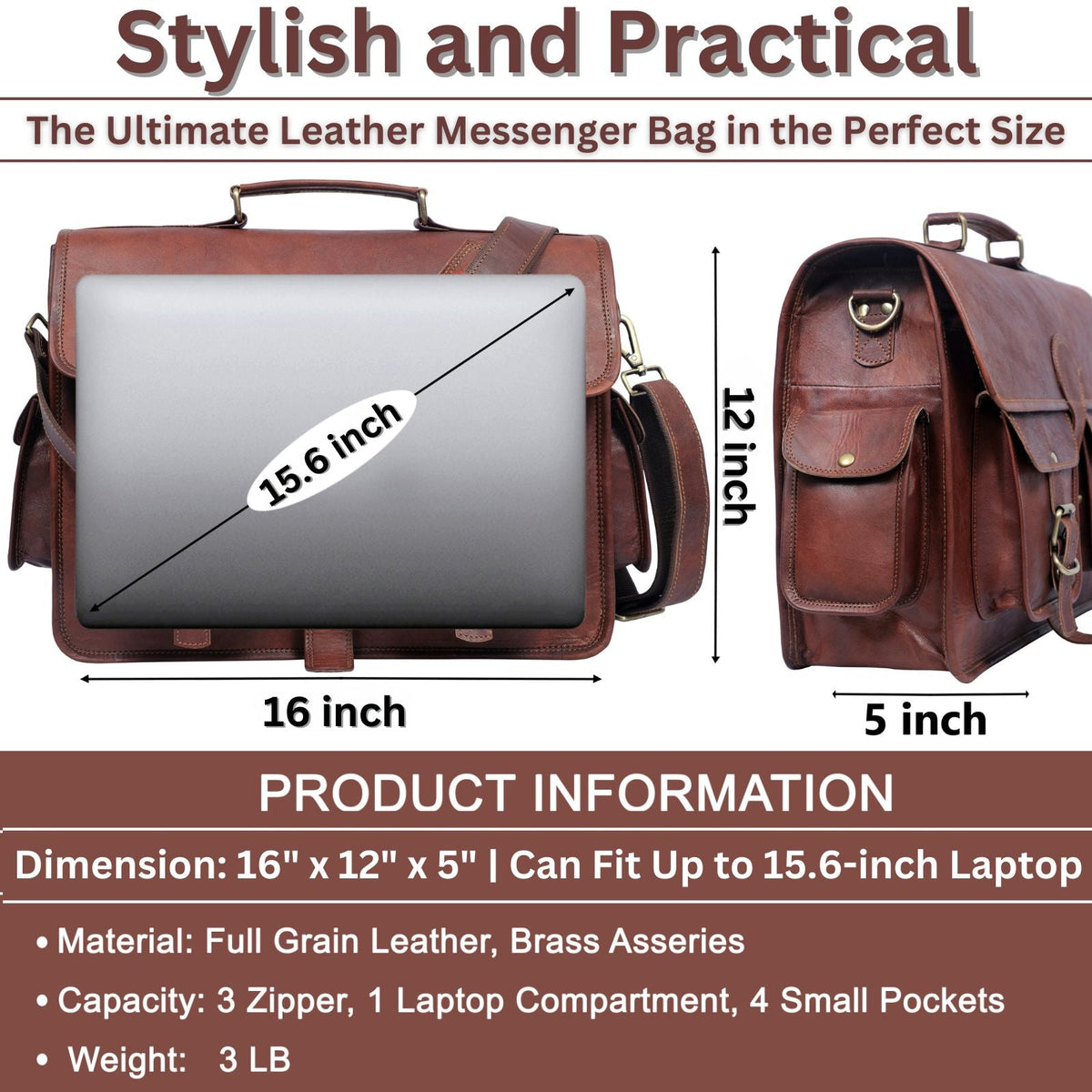 Full-Grain Leather Laptop Messenger Bag – 16 & 18 Inch - Beverfield