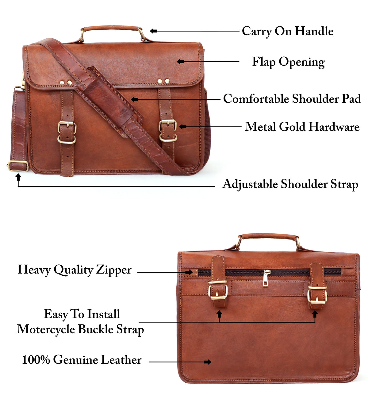 Full-Grain Leather Laptop Messenger & Motorcycle Satchel – 14 to 17 Inch - Beverfield