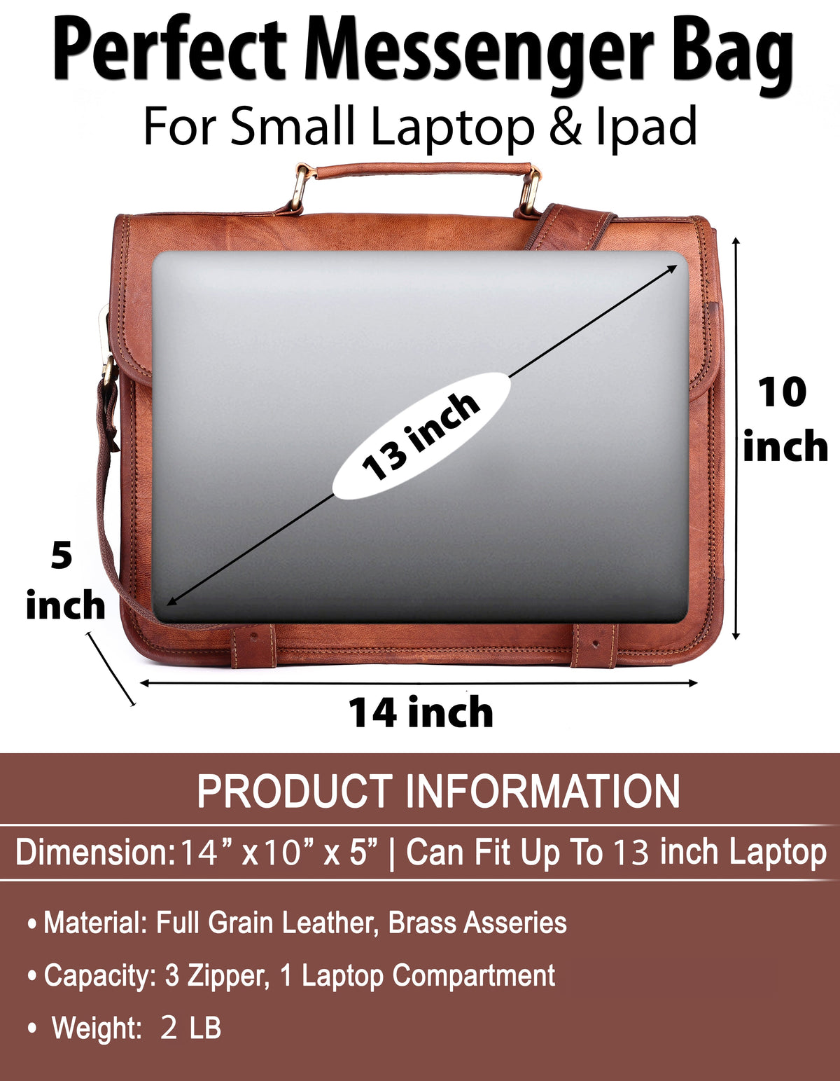 Full-Grain Leather Laptop Messenger & Motorcycle Satchel – 14 to 17 Inch - Beverfield