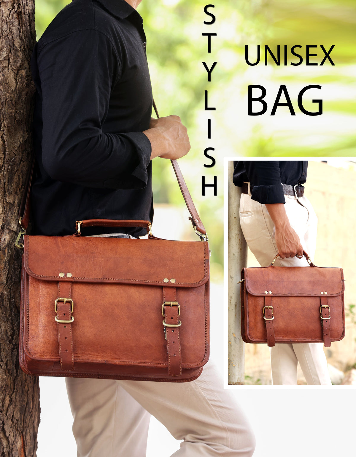 Full-Grain Leather Laptop Messenger & Motorcycle Satchel – 14 to 17 Inch - Beverfield