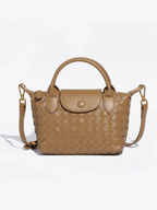 Women's Woven Mini Crossbody Handbag with Top Handles - Light Camel