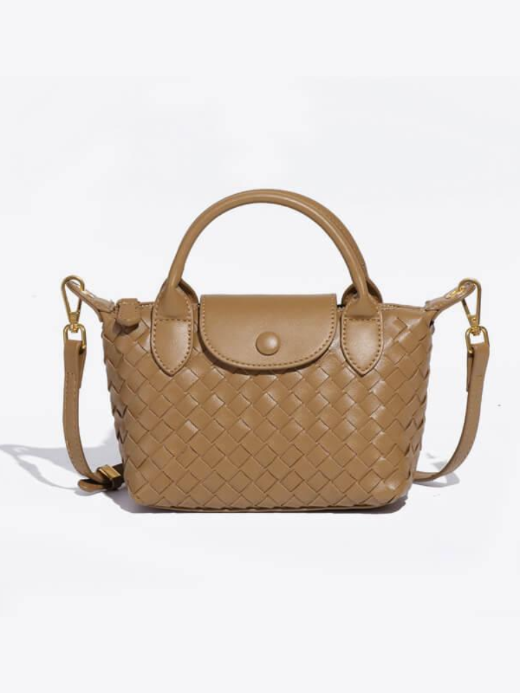 Women's Woven Mini Crossbody Handbag with Top Handles - Light Camel
