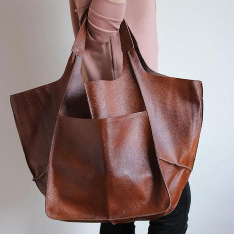 Women's Oversized Vintage PU Leather Tote Bag - Beverfield
