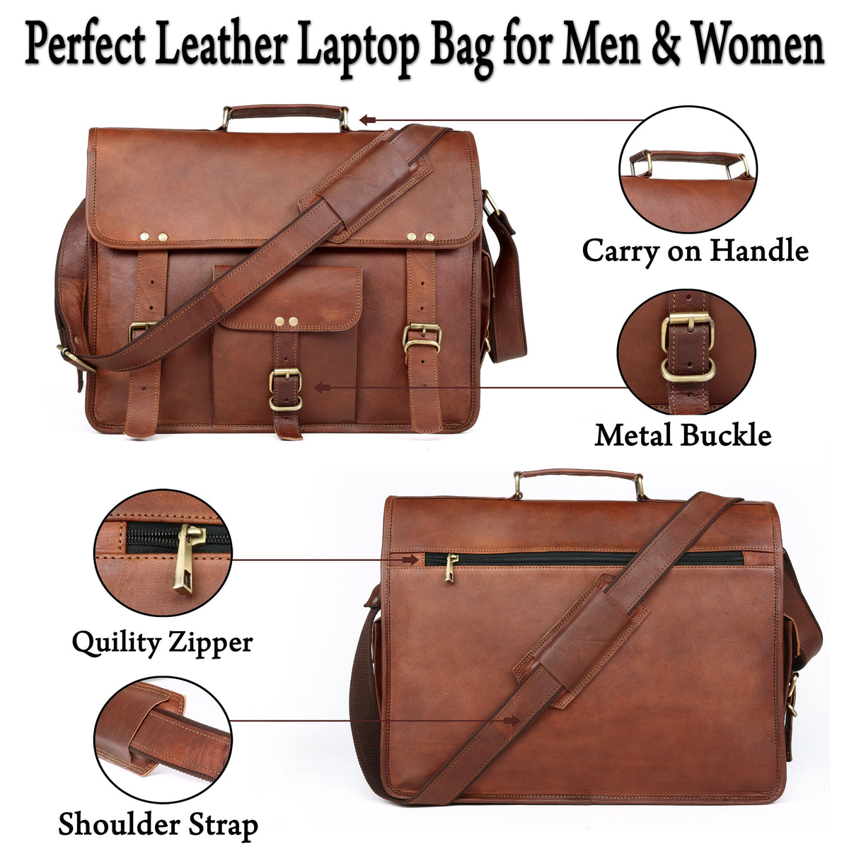 Vintage Full-Grain Leather Laptop Messenger Bag – 15 to 18 Inch - Beverfield