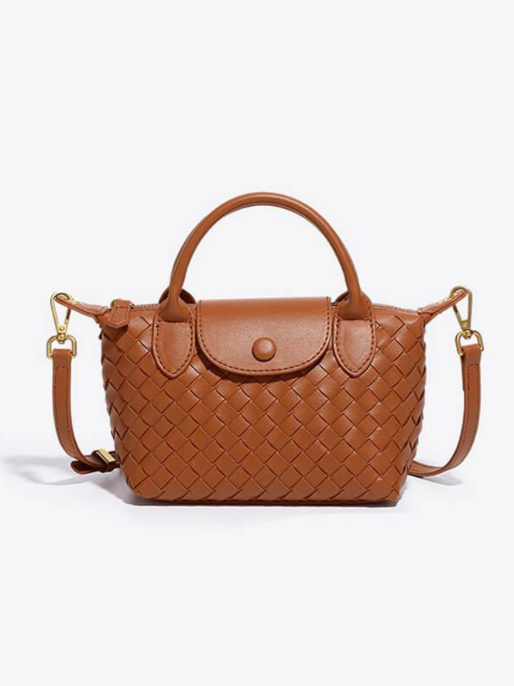 Women's Woven Mini Crossbody Handbag with Top Handles - Camel
