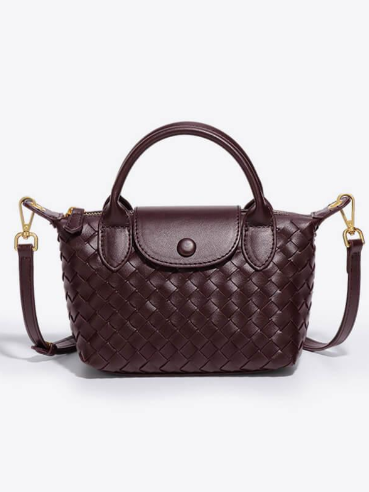 Women's Woven Mini Crossbody Handbag with Top Handles - Espresso Brown