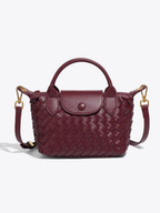 Women's Woven Mini Crossbody Handbag with Top Handles - Wine Red