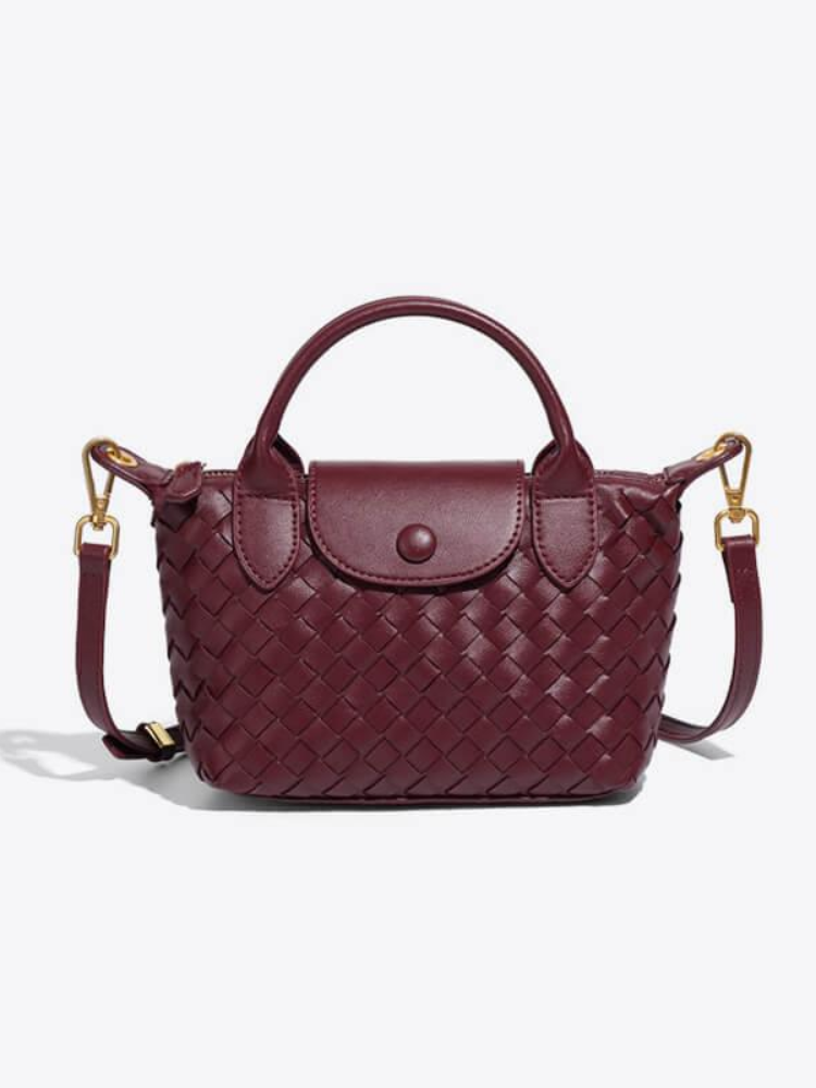 Women's Woven Mini Crossbody Handbag with Top Handles - Wine Red