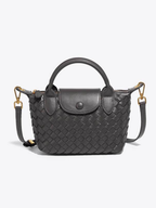 Women's Woven Mini Crossbody Handbag with Top Handles - Charcoal Black