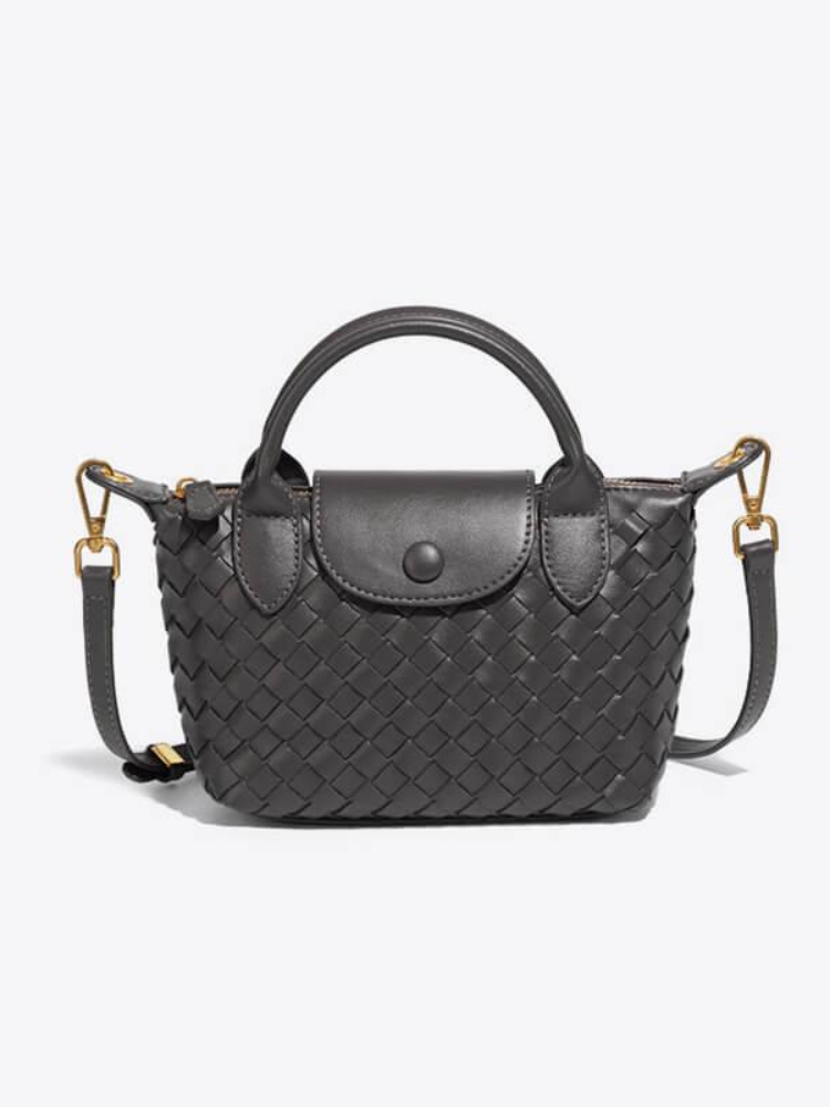 Women's Woven Mini Crossbody Handbag with Top Handles - Charcoal Black