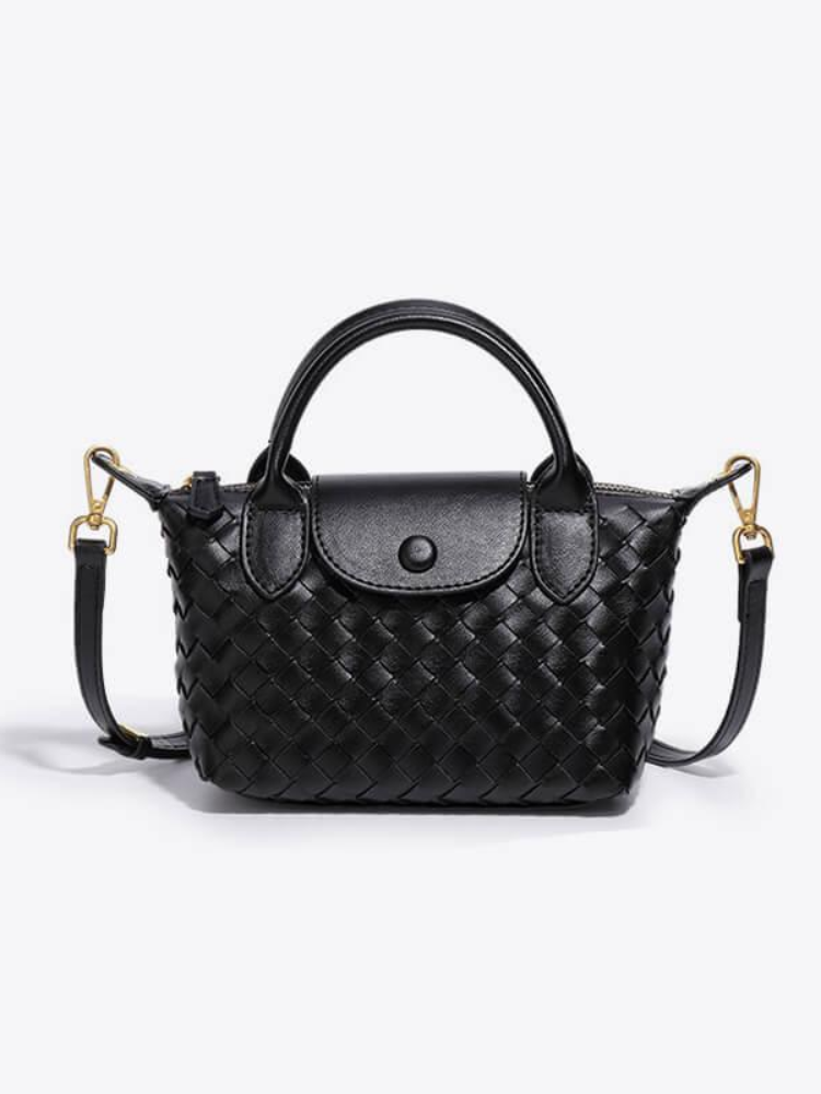 Women's Woven Mini Crossbody Handbag with Top Handles - Black