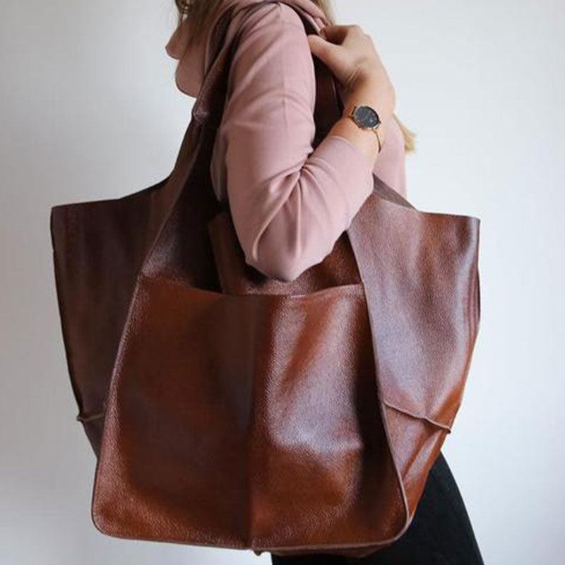 Women's Oversized Vintage PU Leather Tote Bag - Beverfield