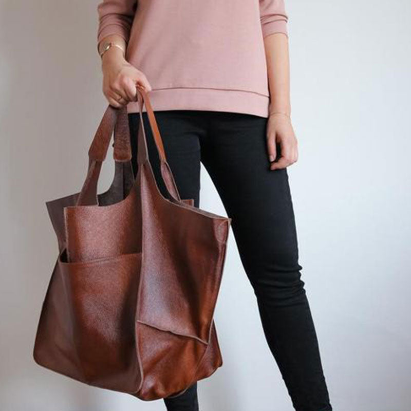 Women's Oversized Vintage PU Leather Tote Bag - Beverfield