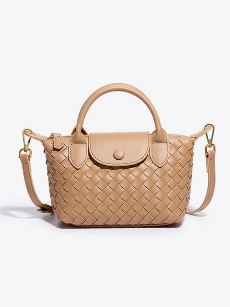 Women's Woven Mini Crossbody Handbag with Top Handles - Beige