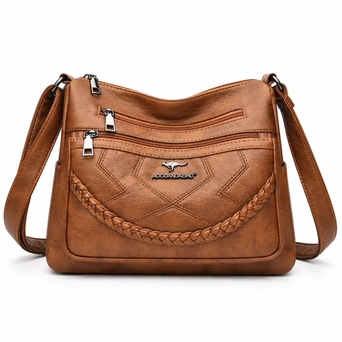 Women's Faux Leather Crossbody Bag with Multiple Zipper Pockets - Brown