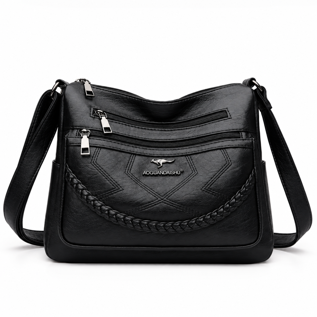 Women's Faux Leather Crossbody Bag with Multiple Zipper Pockets - Black