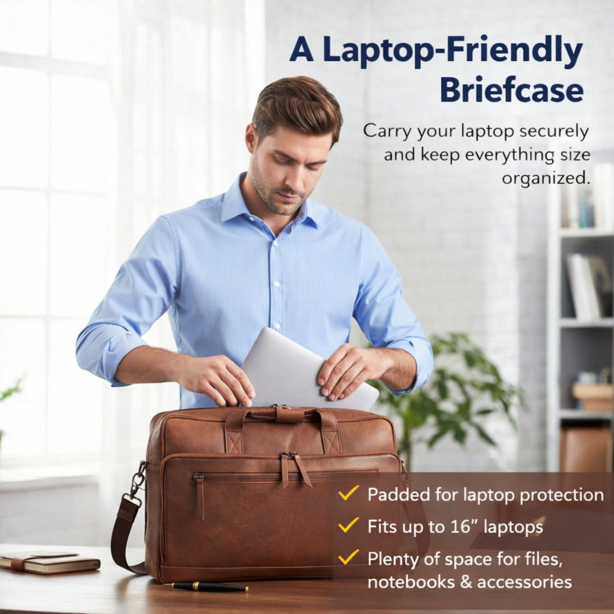 Full-Grain Leather Laptop Briefcase with Trolley Sleeve – 15 to 18 Inch - Beverfield