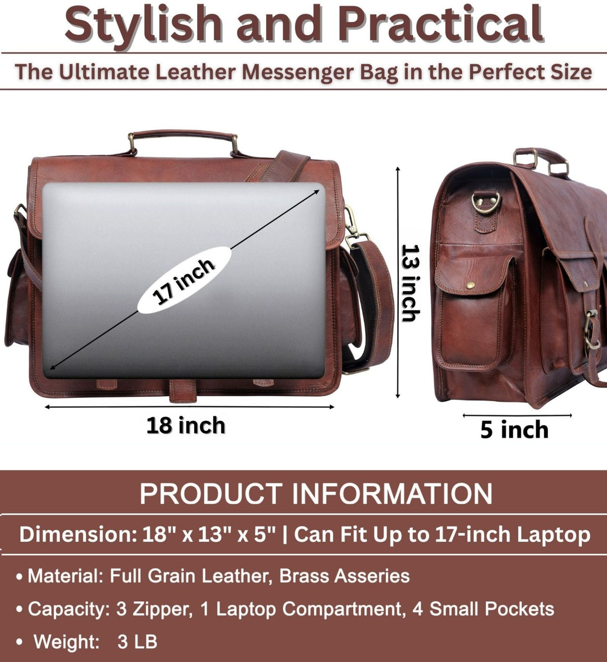 Full-Grain Leather Laptop Messenger Bag – 16 & 18 Inch - Beverfield