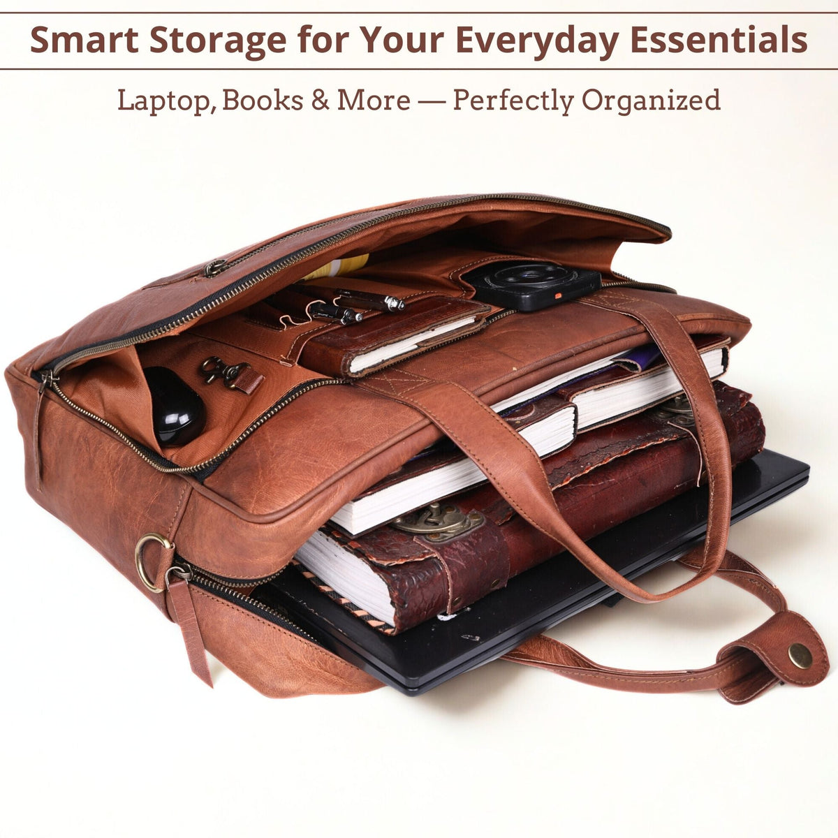 Full-Grain Leather Laptop Briefcase with Trolley Sleeve – 15 to 18 Inch - Beverfield