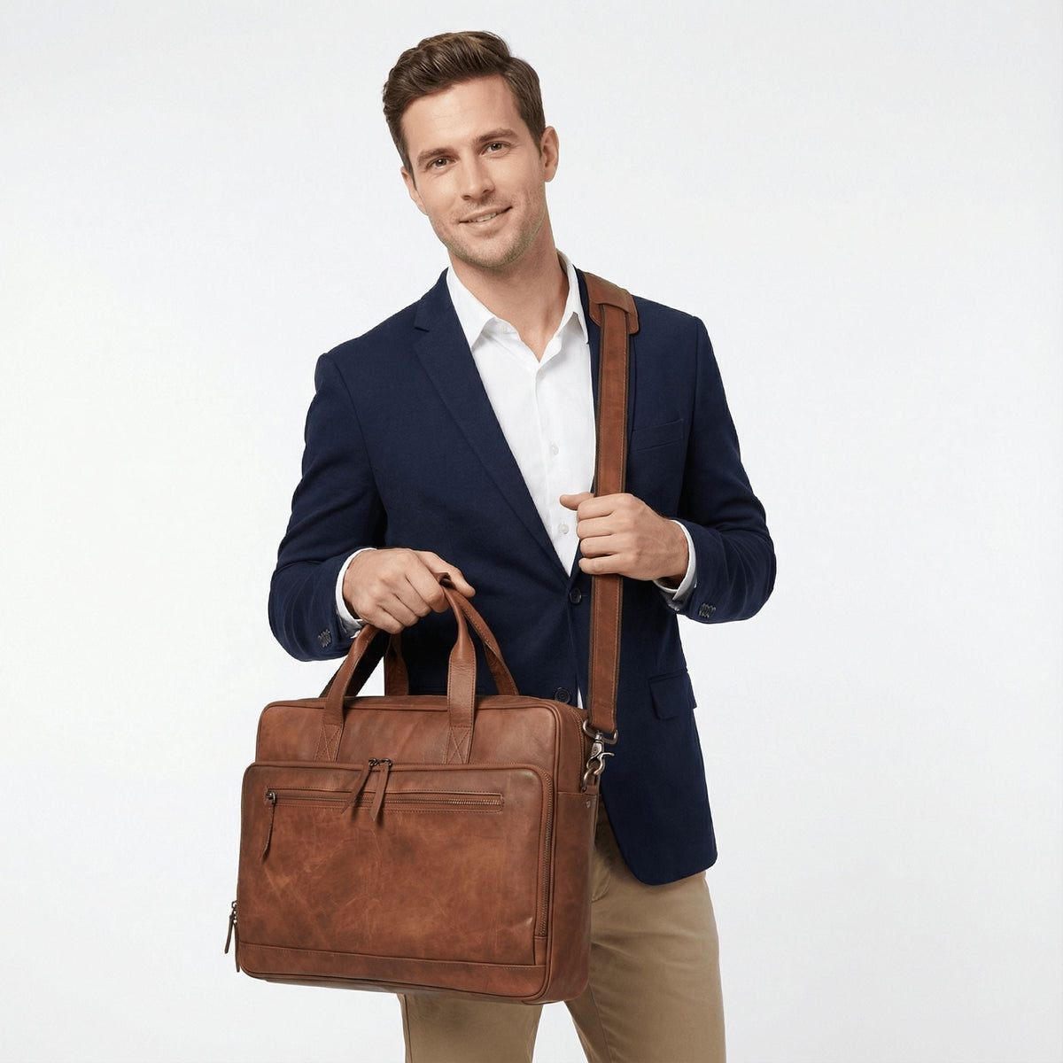 Full-Grain Leather Laptop Briefcase with Trolley Sleeve – 15 to 18 Inch - Beverfield