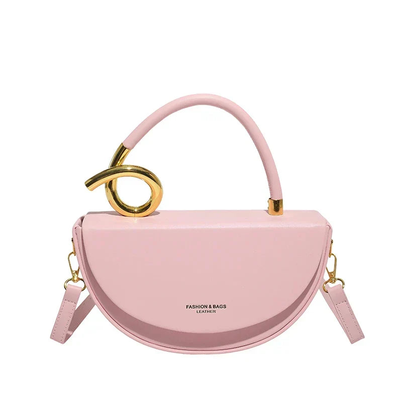 Women's Half Moon Top Handle Bag with Gold-Tone Detail - Pink