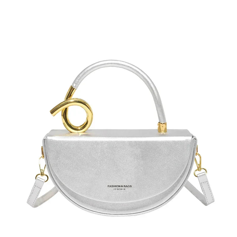 Women's Half Moon Top Handle Bag with Gold-Tone Detail - Silver