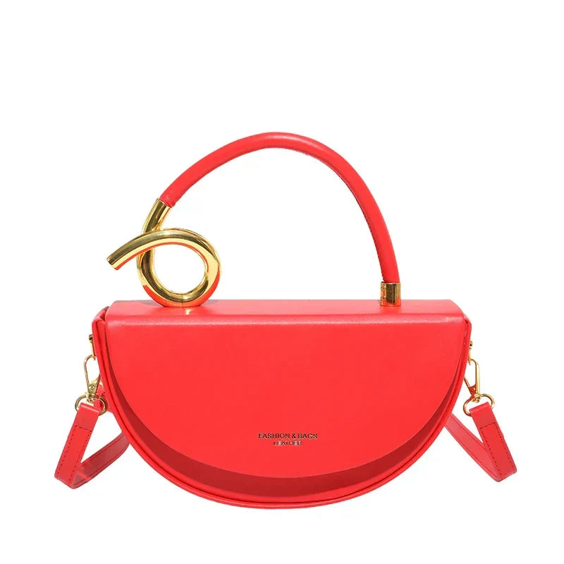 Women's Half Moon Top Handle Bag with Gold-Tone Detail - Red