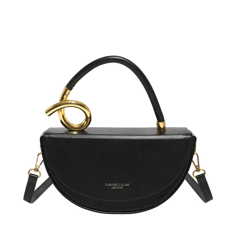 Women's Half Moon Top Handle Bag with Gold-Tone Detail - Black