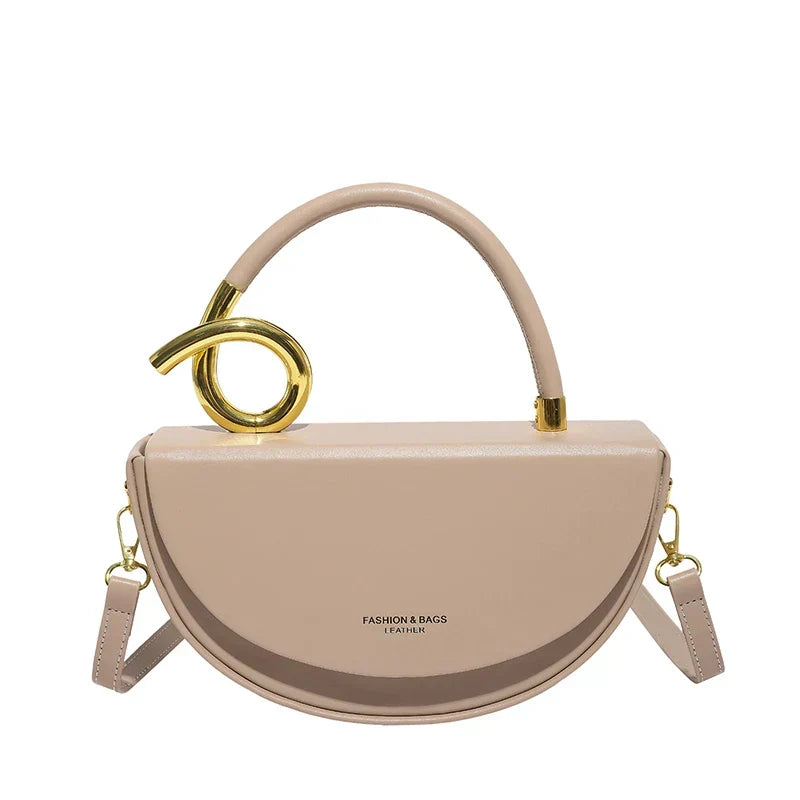 Women's Half Moon Top Handle Bag with Gold-Tone Detail - Khaki
