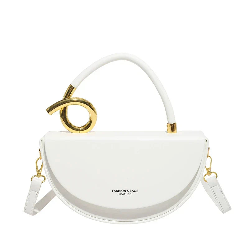 Women's Half Moon Top Handle Bag with Gold-Tone Detail - White
