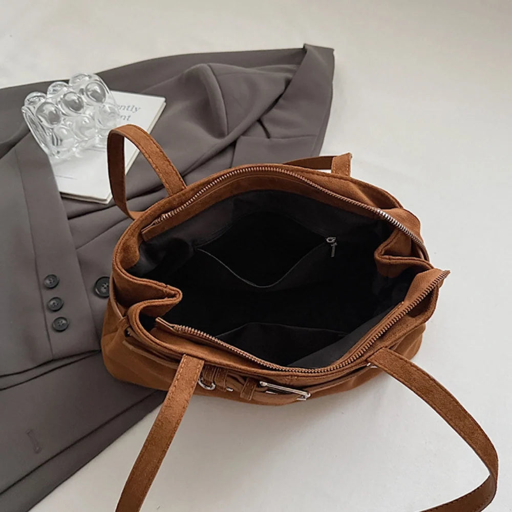 Women's Vegan Suede Buckle Shoulder Bag – Sela - Beverfield