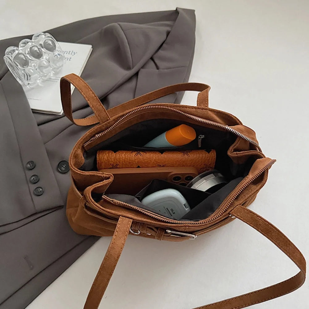 Women's Vegan Suede Buckle Shoulder Bag – Sela - Beverfield
