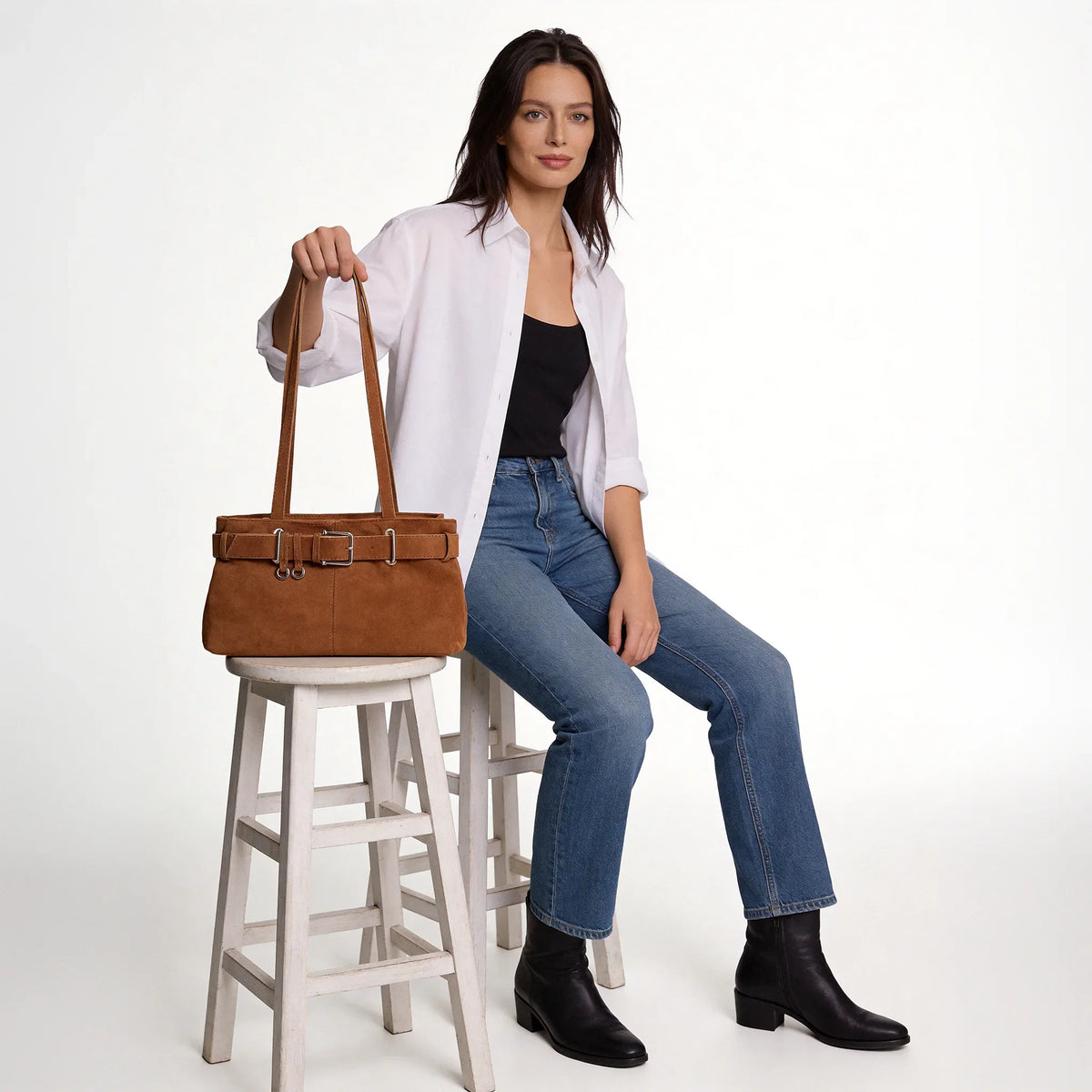 Women's Vegan Suede Buckle Shoulder Bag – Sela - Beverfield