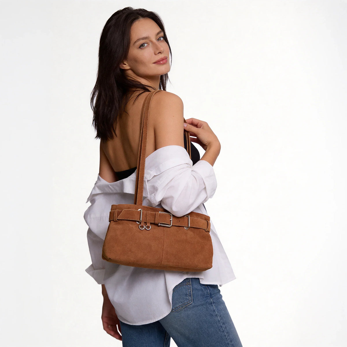 Women's Vegan Suede Buckle Shoulder Bag – Sela - Beverfield