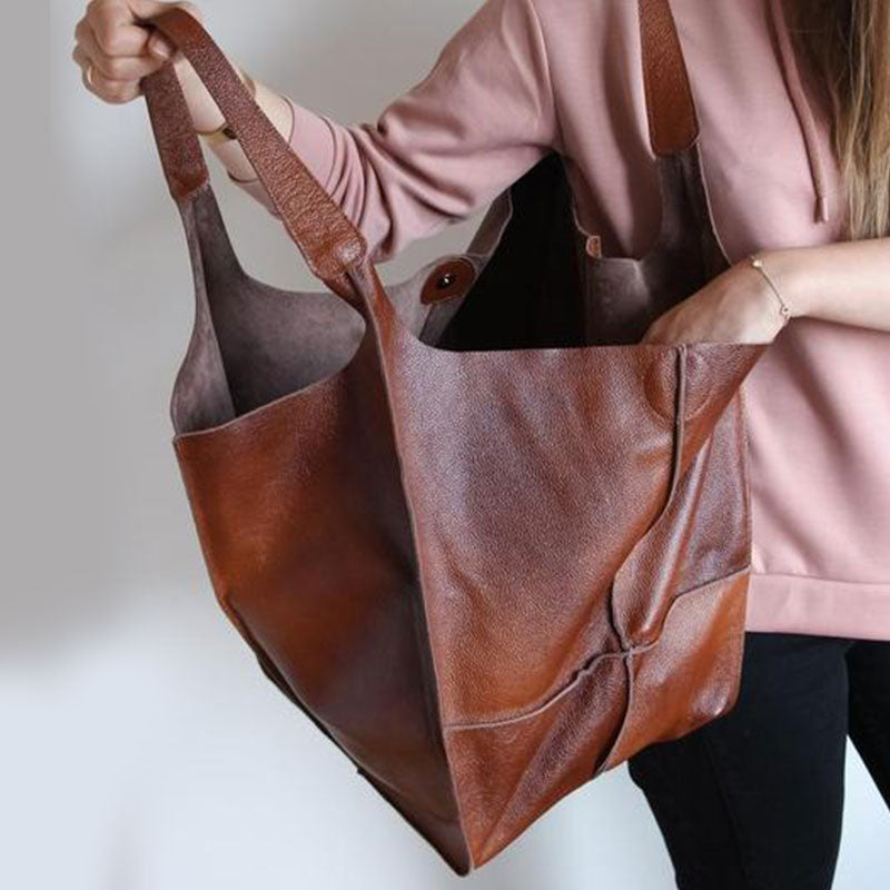 Women's Oversized Vintage PU Leather Tote Bag - Beverfield