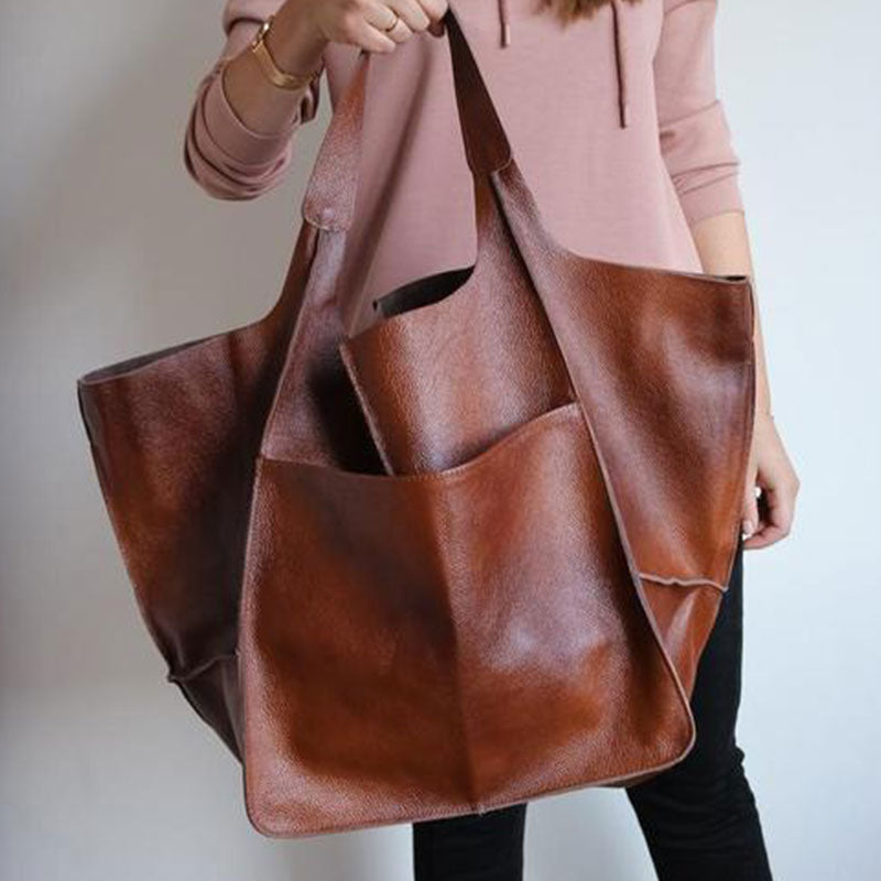 Women's Oversized Vintage PU Leather Tote Bag - Beverfield