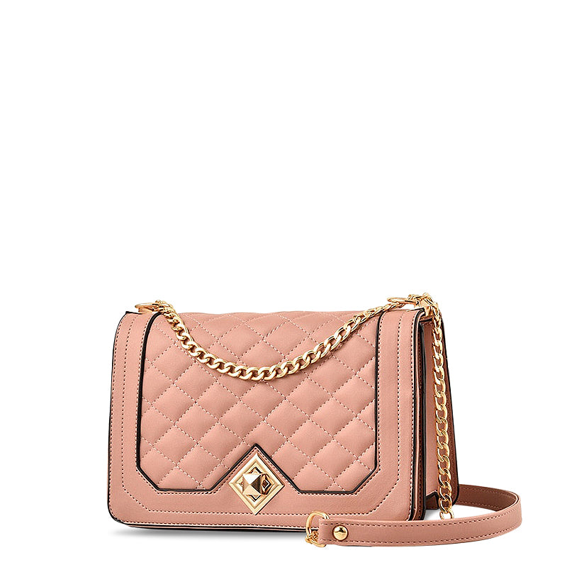 Women's Quilted Crossbody Bag with Detachable Strap - Pink