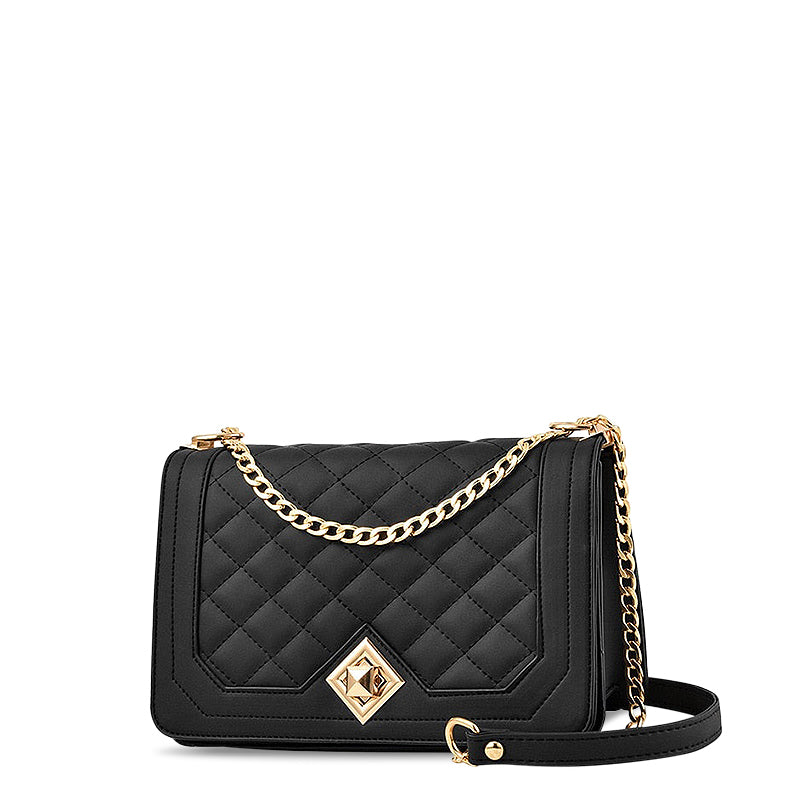 Women's Quilted Crossbody Bag with Detachable Strap - Black