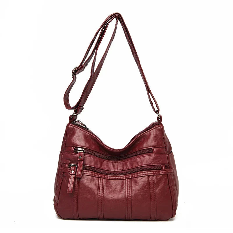 Women's Faux Leather Multi-Pocket Crossbody Bag - Burgundy