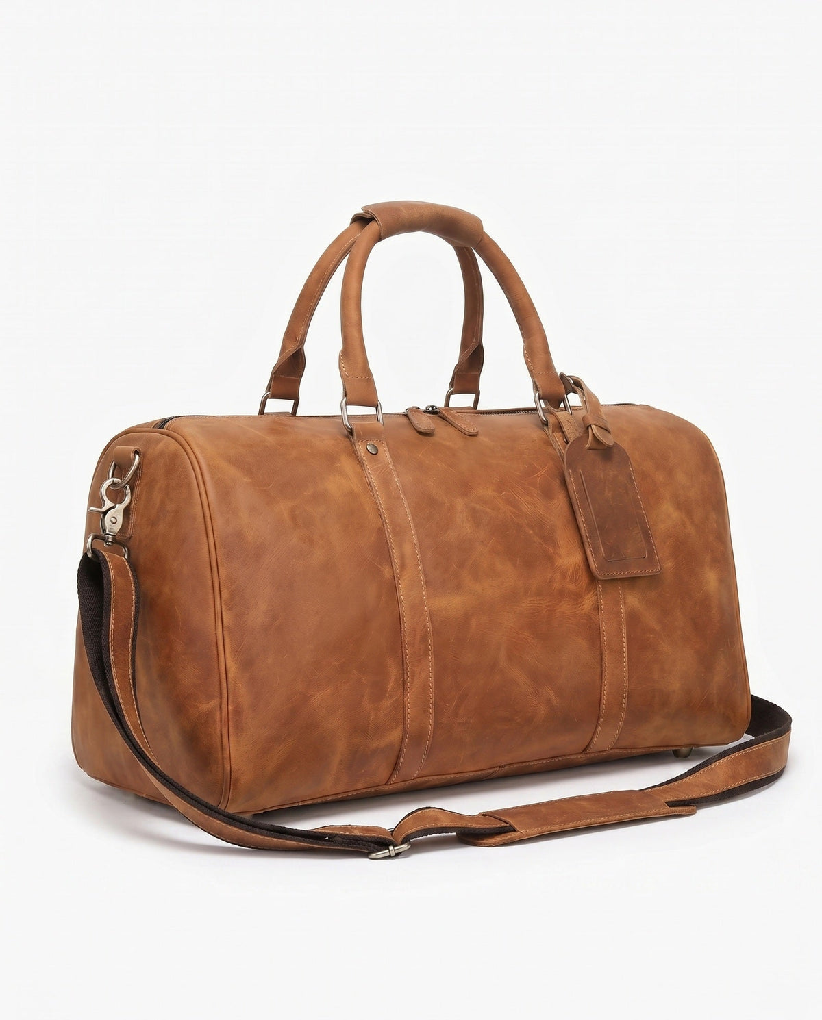 Cognac Full-Grain Leather Weekender Duffle Bag – 27L - Beverfield